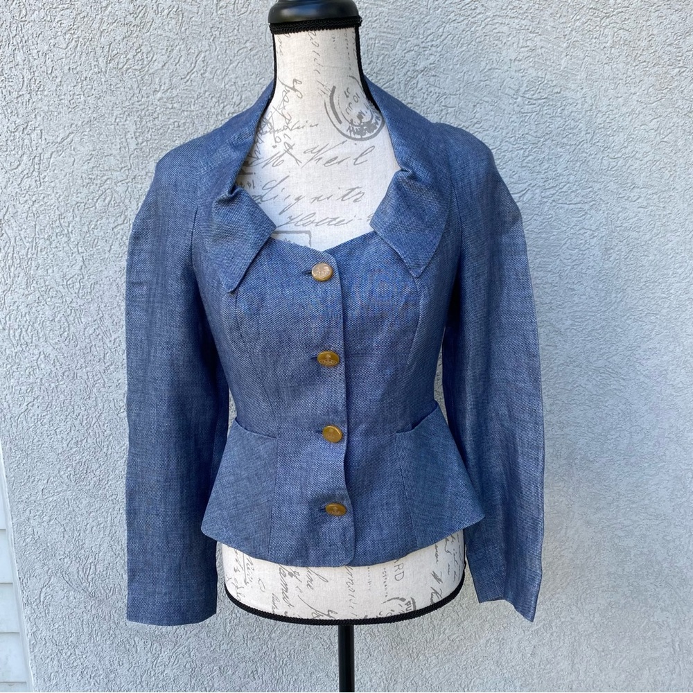 Viviene Westwood Red Label 100% Linen Blue Long Sleeve Collard Flute Edge Jacket